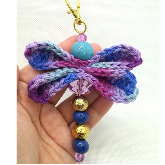Crochet Dragonfly Vintage Beaded Keychain Hand Crafted Purse Charm Bag Clip NEW - Picture 8 of 10